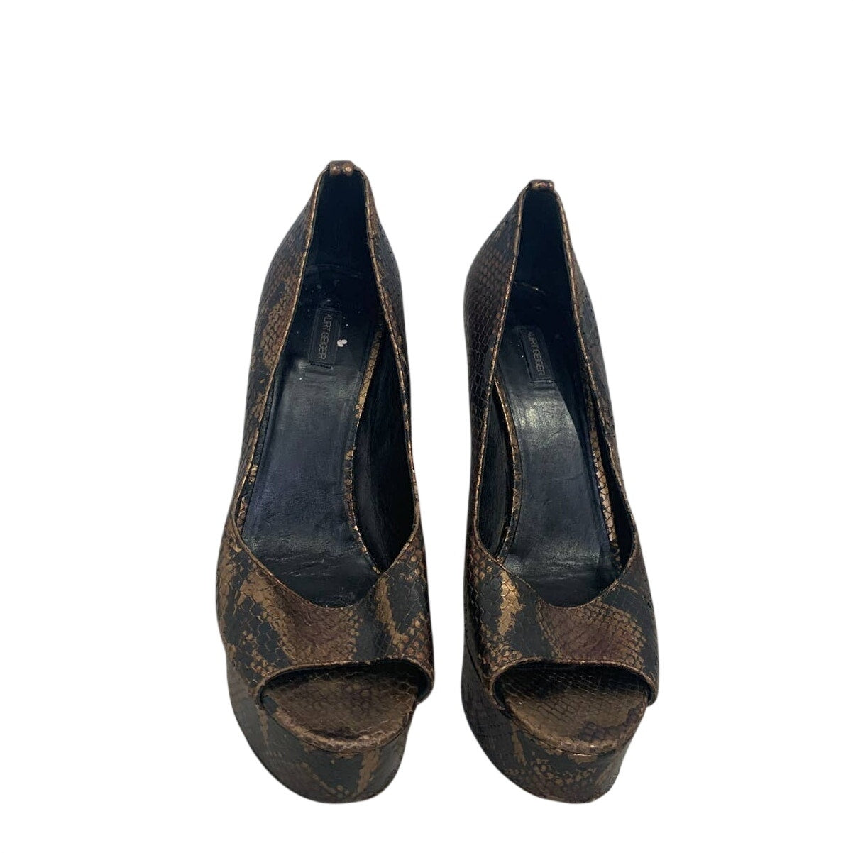 KURT GEIGER Vintage Brown Snake Print Leather Platform Peep Toe Heels