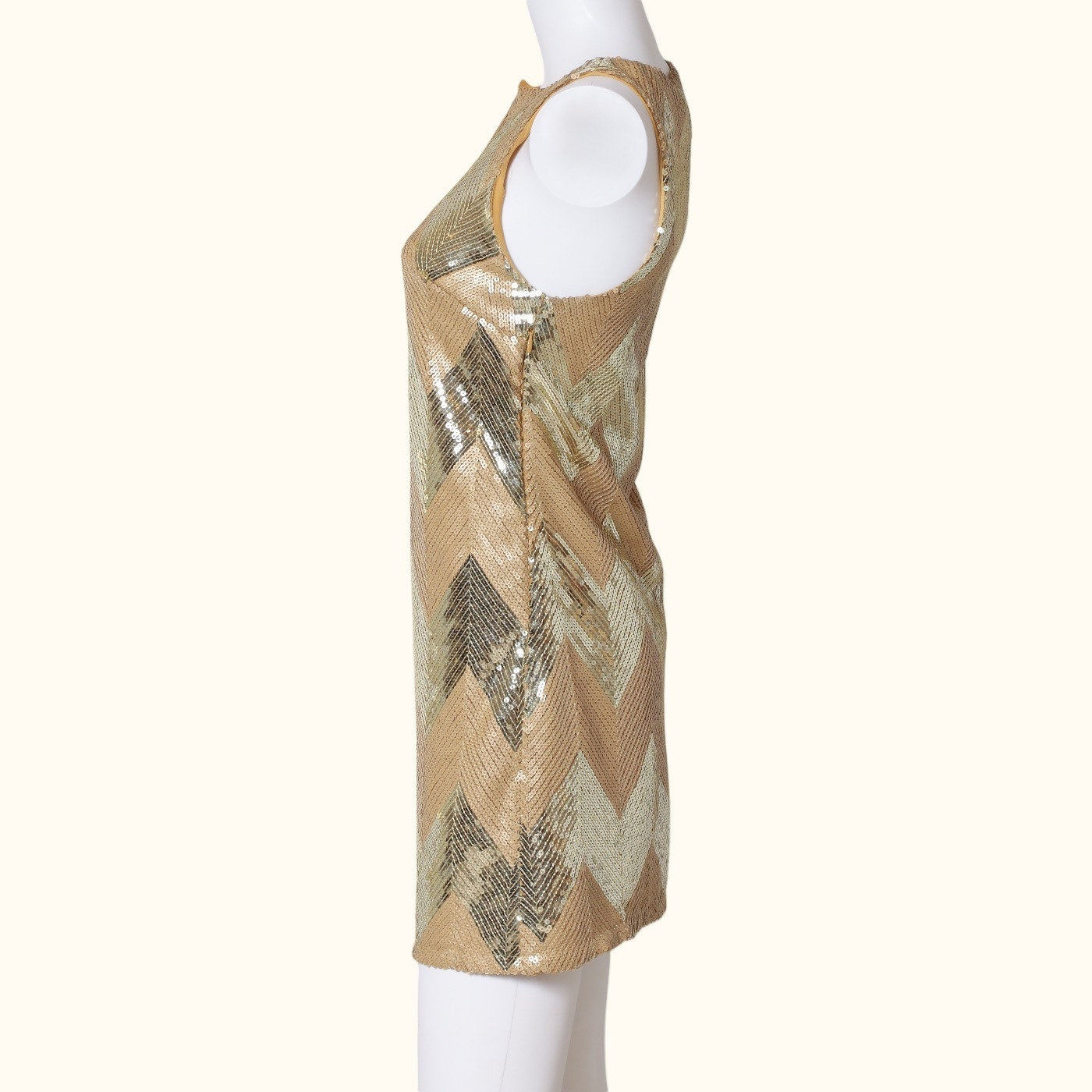 REBECCA MINKOFF Gold Chevron Sequin Sleeveless Shift Mini Dress