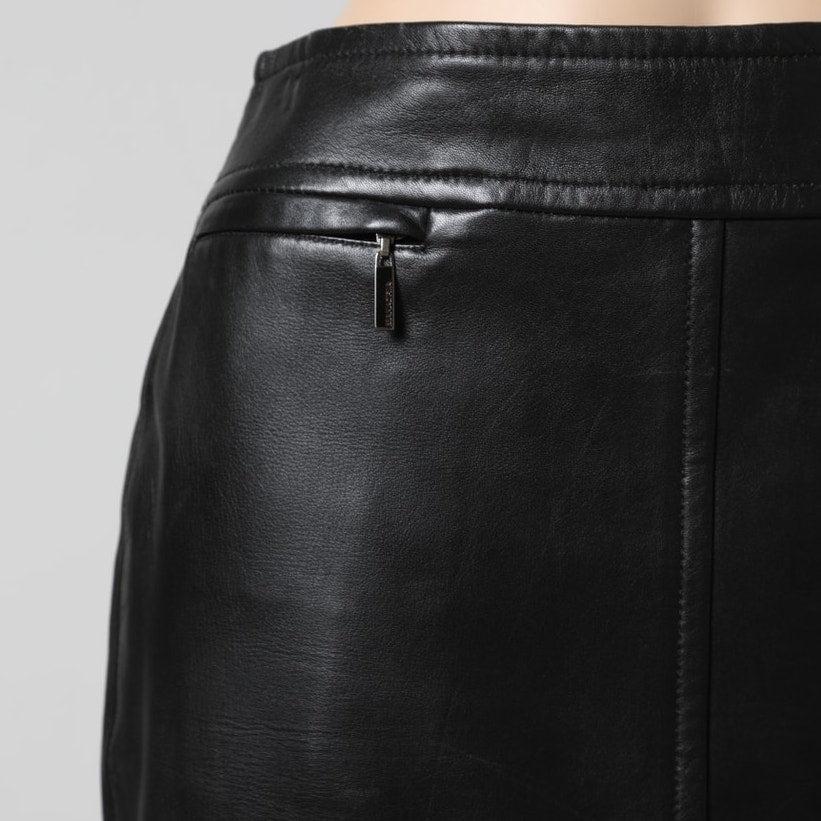 BCBGMAXAZRIA Vintage Black Leather Knee Length Pencil Skirt