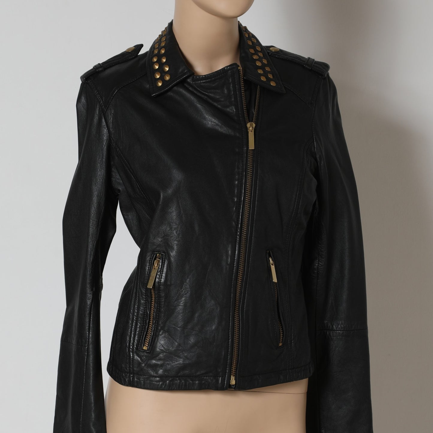 AQUA Leather Moto Jacket with Gold Studs