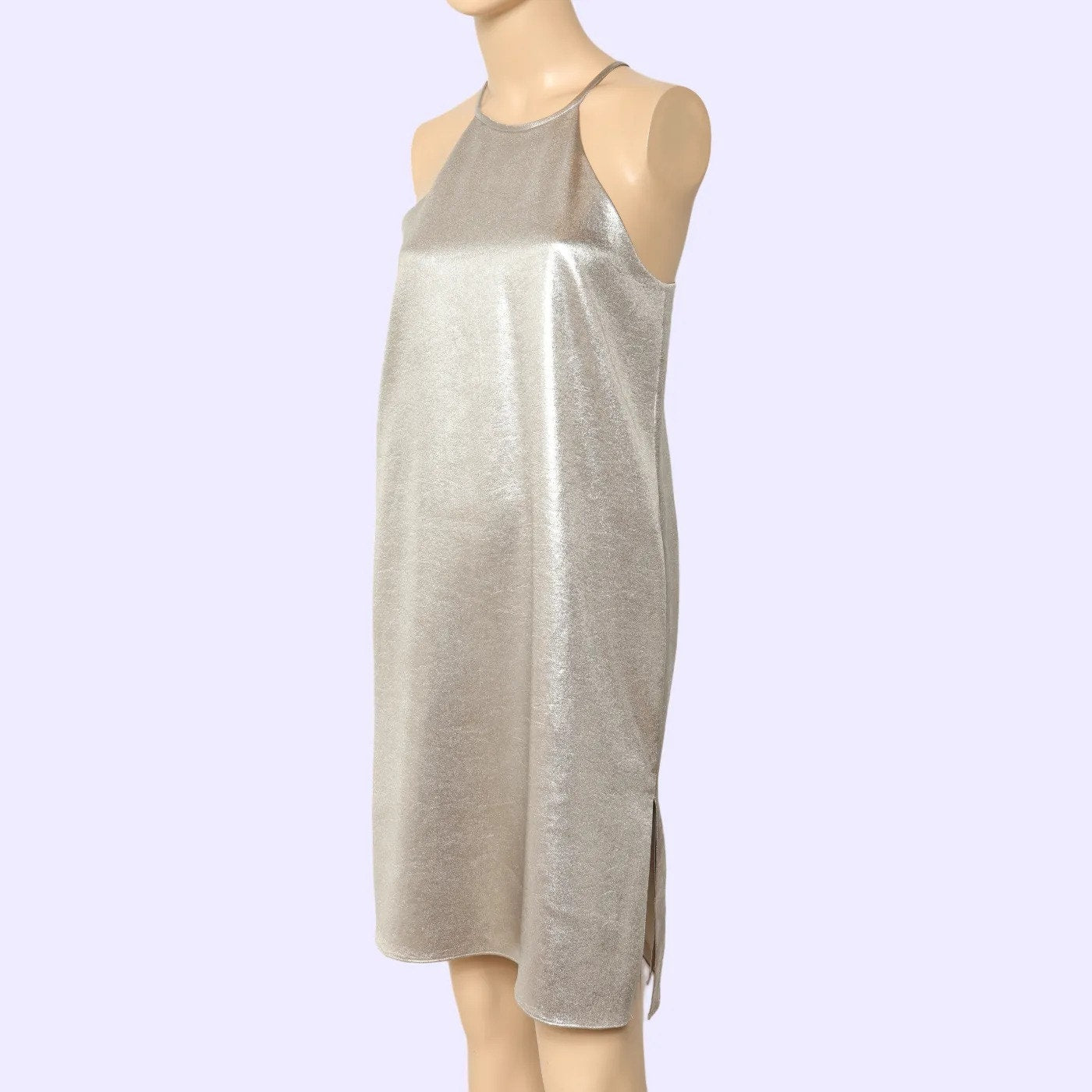 HALSTON HERITAGE Silver Metallic Halter Shift Mini Dress