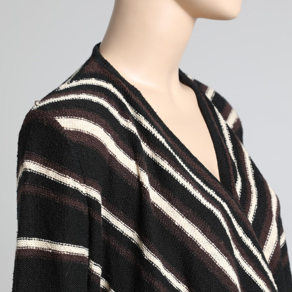 TORY BURCH Black, Brown, and Cream Linen Striped Cardigan Sweater