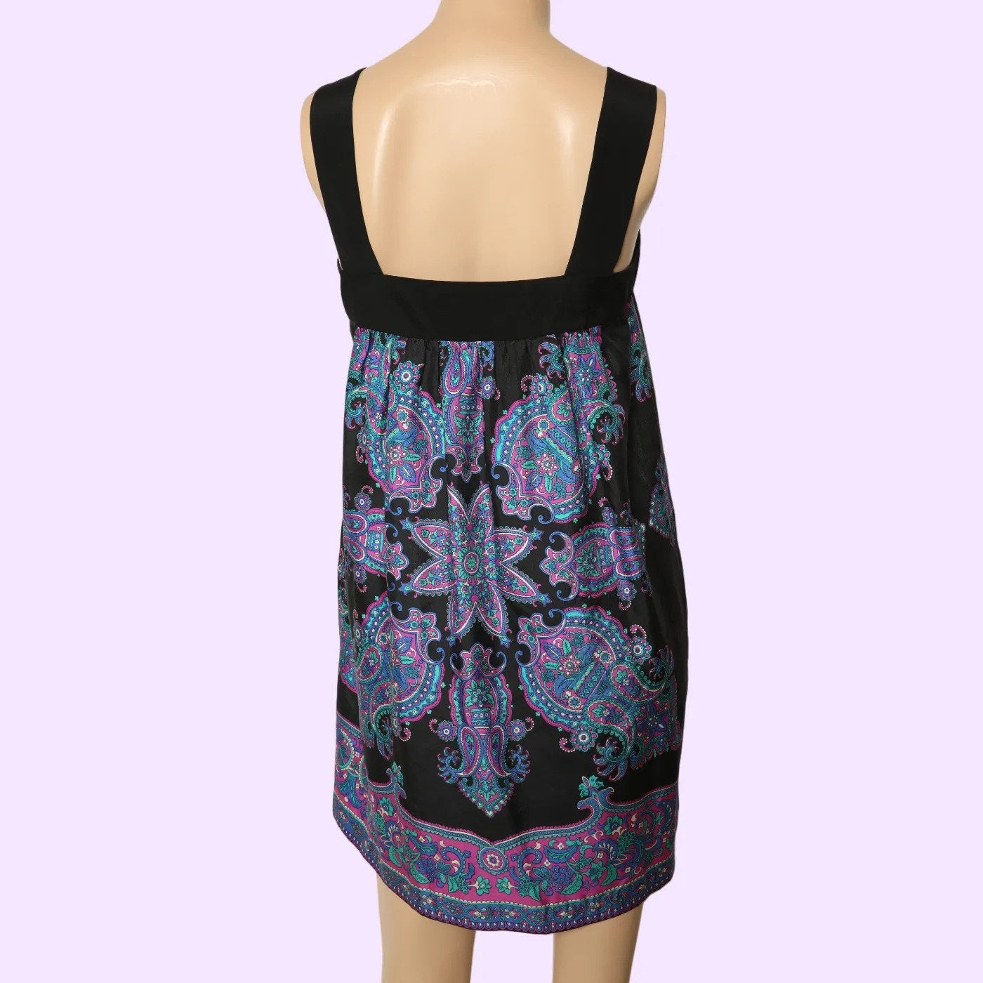 TIBI Black Blue Purple Paisley Silk Sleeveless Shift Mini Dress