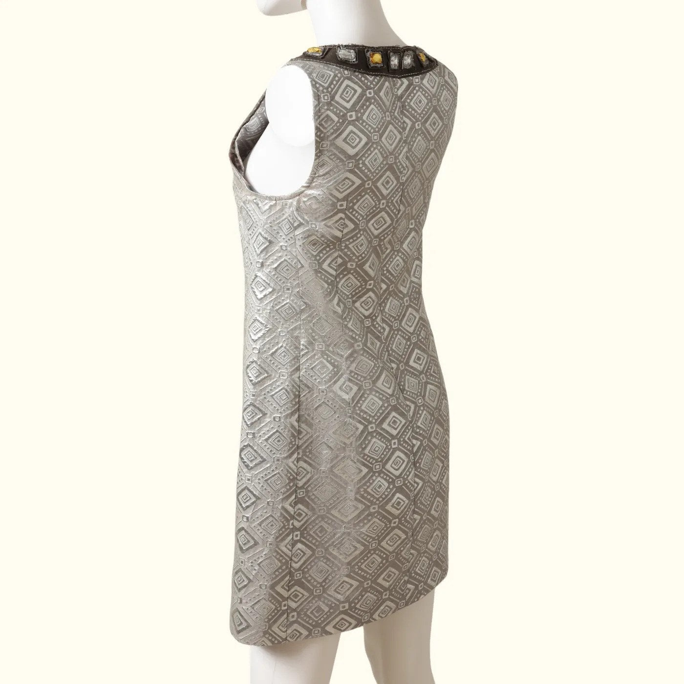 TORY BURCH Vintage Silver Metallic Brocade Embellished Shift Mini Dress