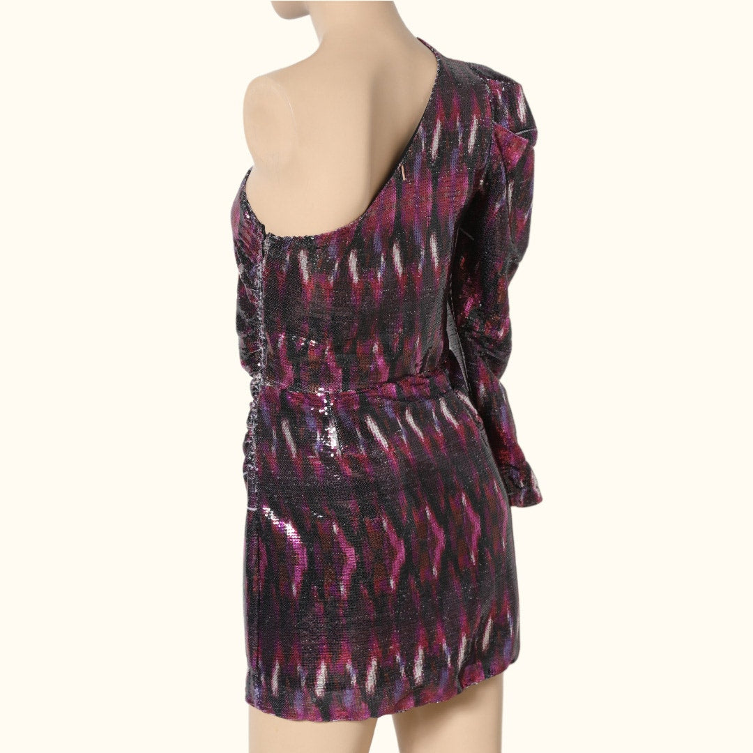 MISA Los Angeles Pink Purple Metallic One Shoulder Ruched Mini Dress