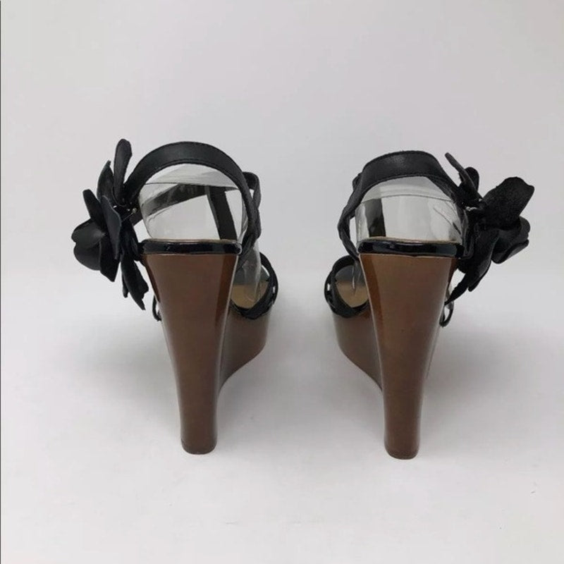 BADGLEY MISCHKA Black Leather Floral Wooden Platform Wedge Sandals