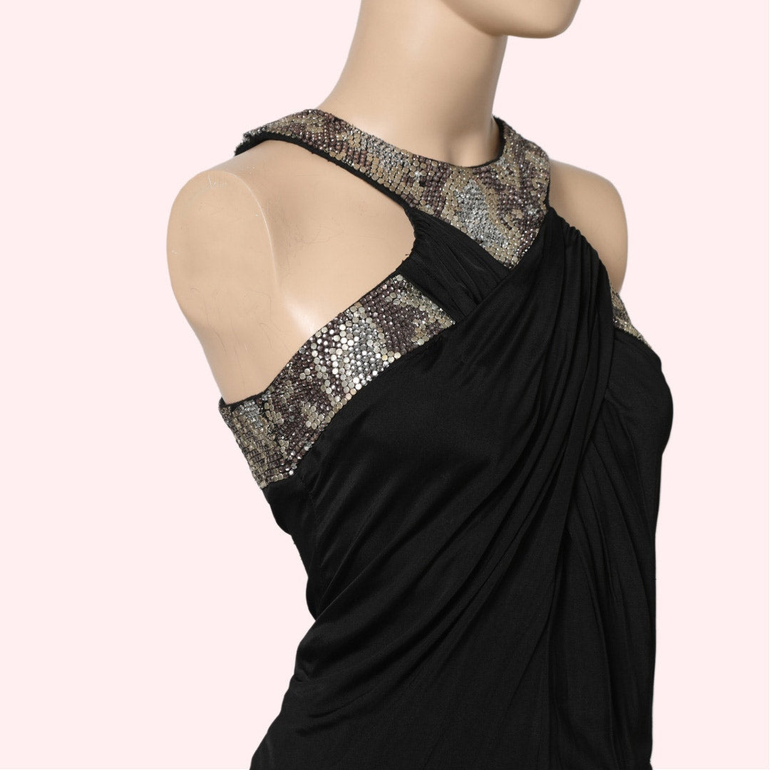 ROBERTO CAVALLI Black Halter Mini Dress With Embellished Neckline