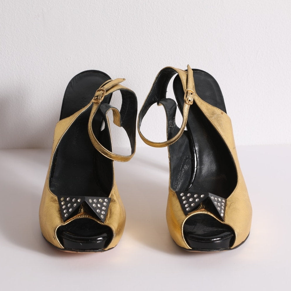 GEORGINA GOODMAN Vintage Gold Leather Slingback Platform Heels With Crystal