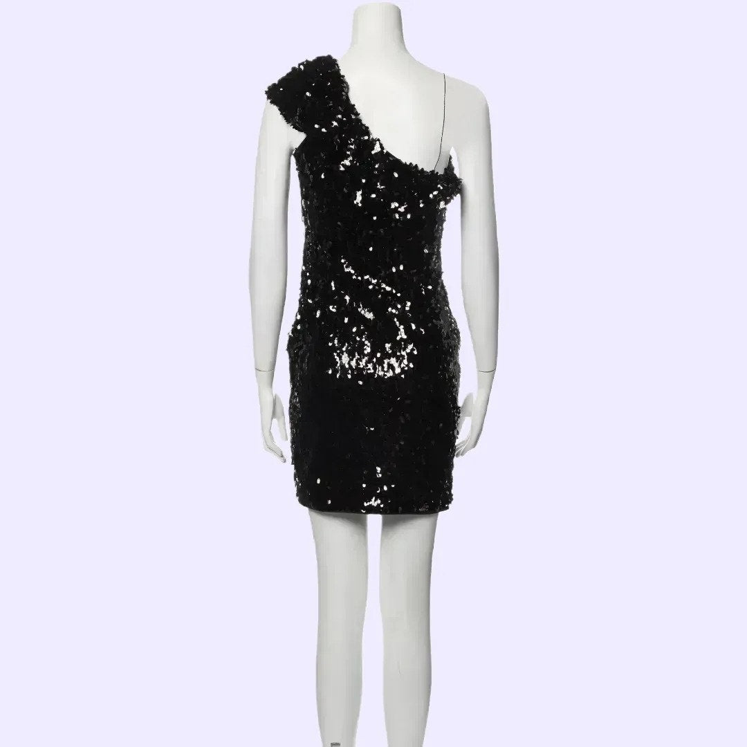 AIDAN MATTOX Black One Shoulder Sequin Mini Dress