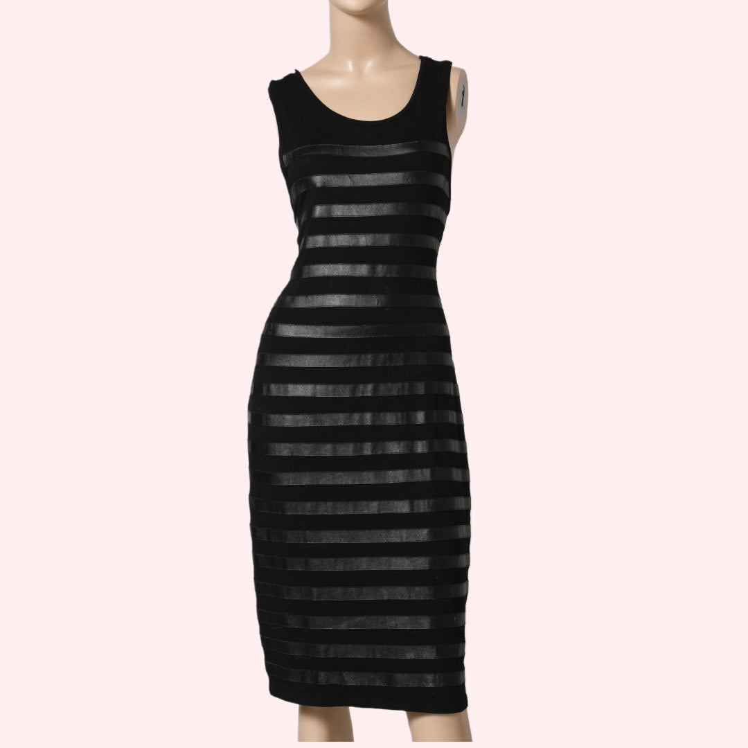 VINCE CAMUTO Black Sleeveless Midi Dress with Faux Leather Stripes