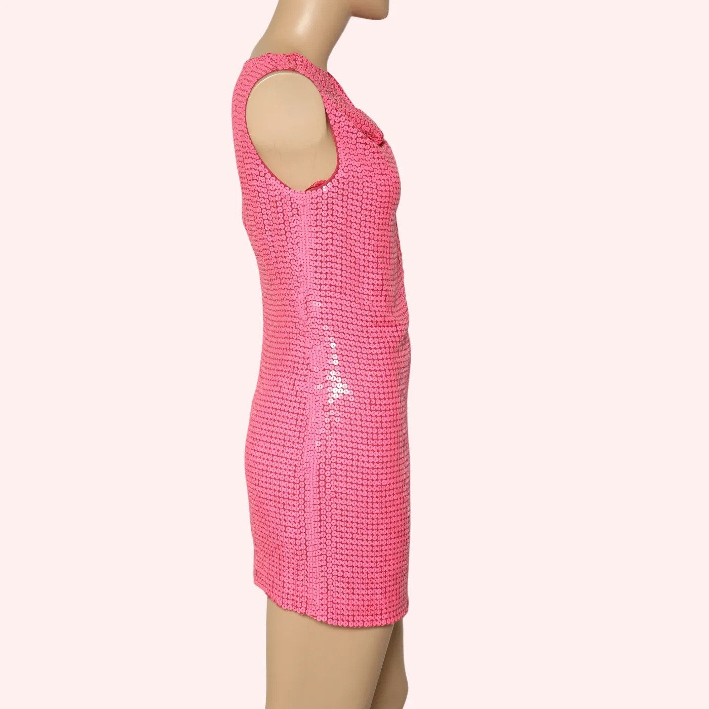DIANE VON FURSTENBERG Pink Sequin Silk Cowl Neck Mini Dress