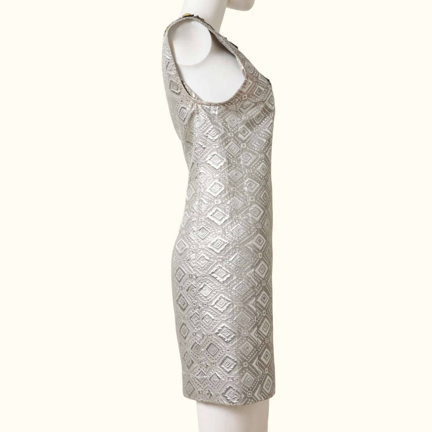 TORY BURCH Vintage Silver Metallic Brocade Embellished Shift Mini Dress