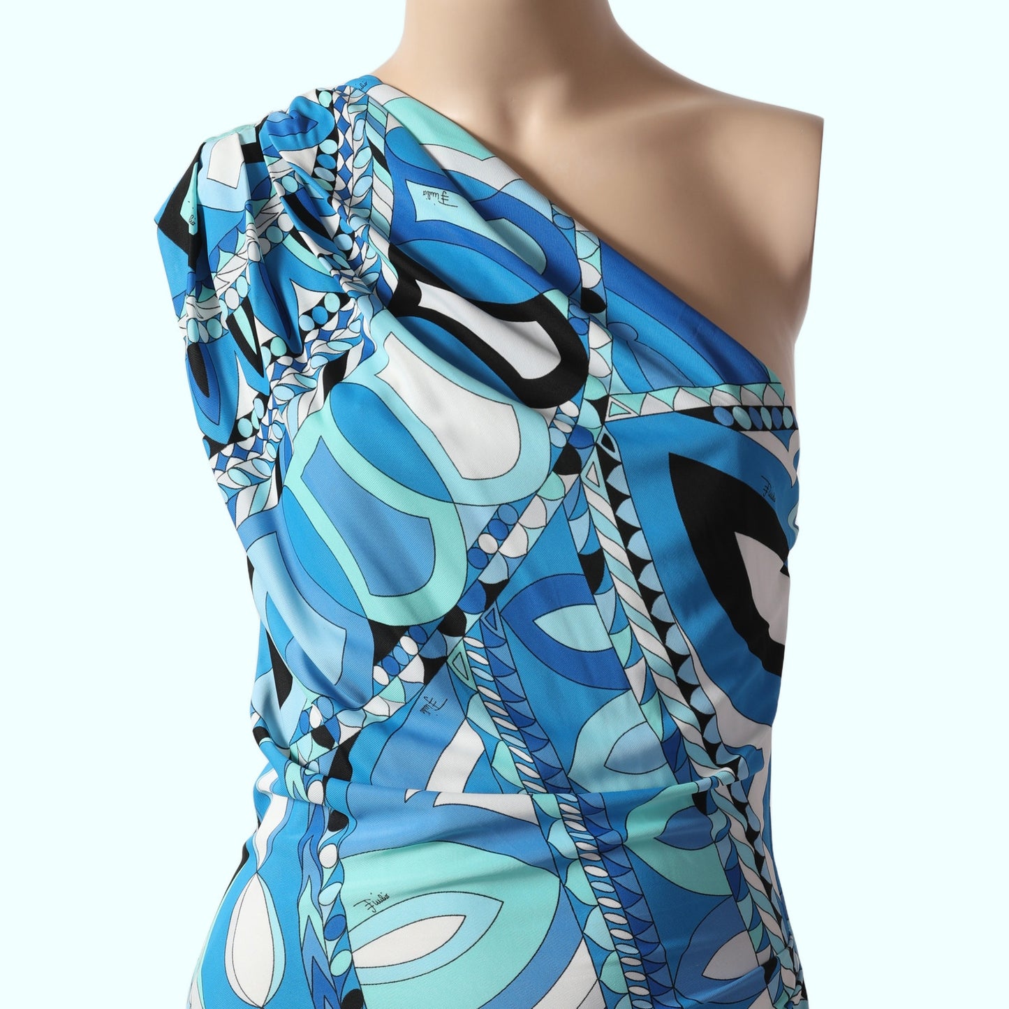 EMILIO PUCCI Blue, White, Turquoise Vintage One Shoulder Printed Dress