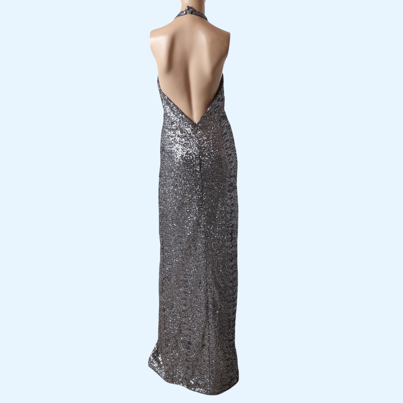 HALSTON Heritage Silver Sequin Halter Deep V-Neck Maxi Dress Gown