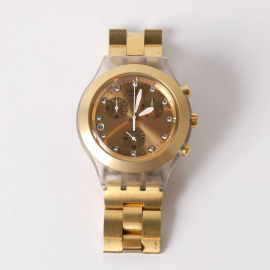 SWATCH Rare Vintage Y2K Gold Chronograph Watch With Rhinestones