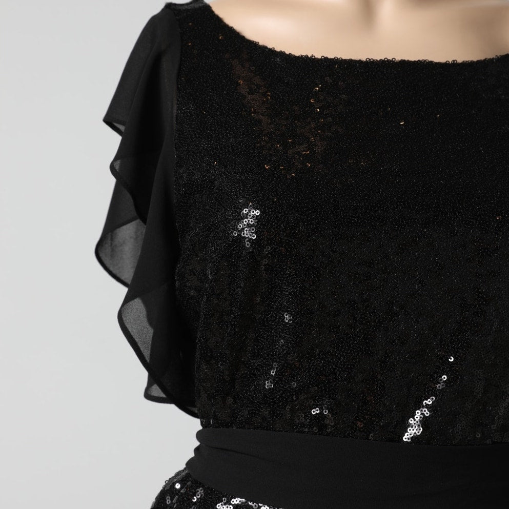 MICHAEL KORS Black Sequin Ruffle Sleeve Shift Dress
