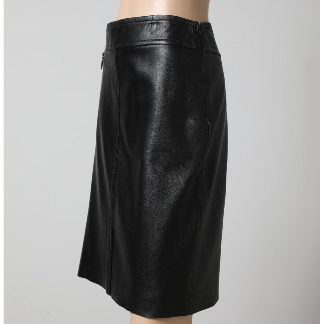 BCBGMAXAZRIA Vintage Black Leather Knee Length Pencil Skirt