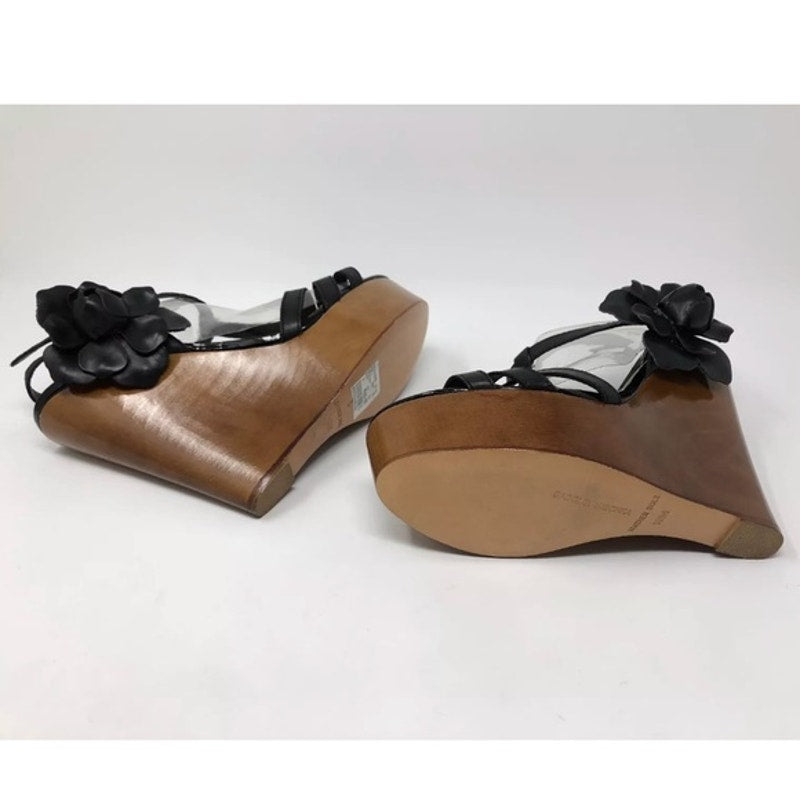 BADGLEY MISCHKA Black Leather Floral Wooden Platform Wedge Sandals