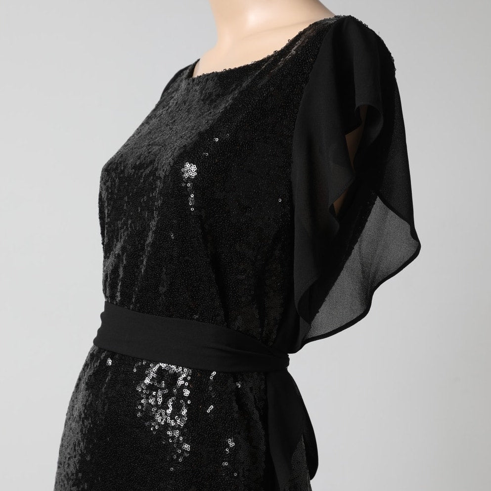 MICHAEL KORS Black Sequin Ruffle Sleeve Shift Dress