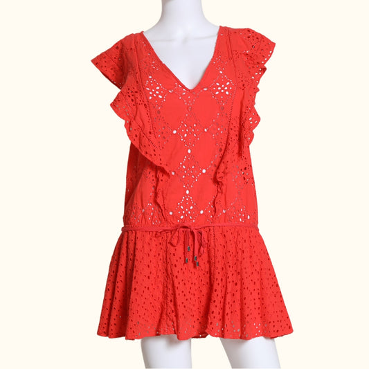 PARKER BEACH Red V-Neck Ruffled Cotton Mini Dress