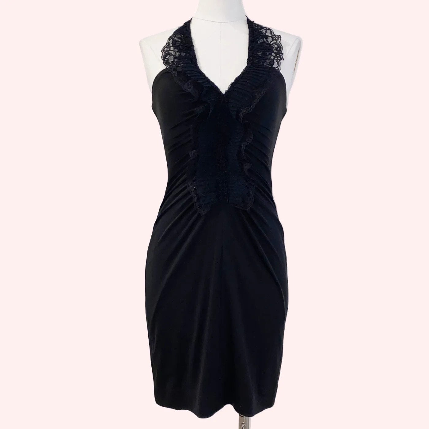 BCBGMAXAZRIA Vintage Black Halter Top Cocktail Dress with Lace Ruffles