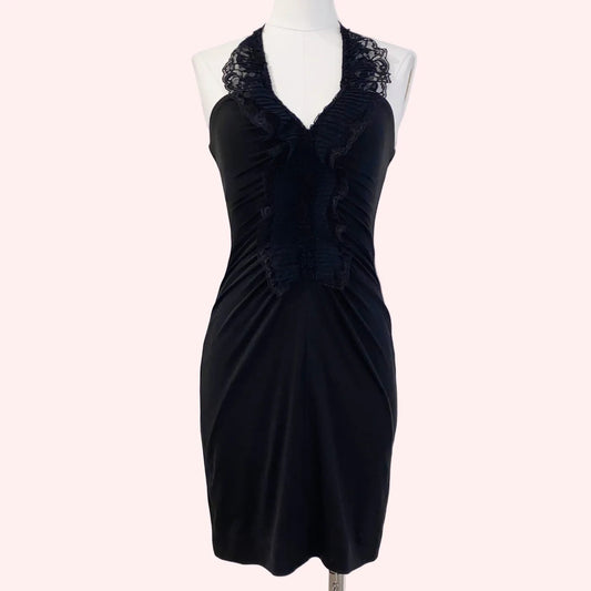 BCBGMAXAZRIA Vintage Black Halter Top Cocktail Dress with Lace Ruffles