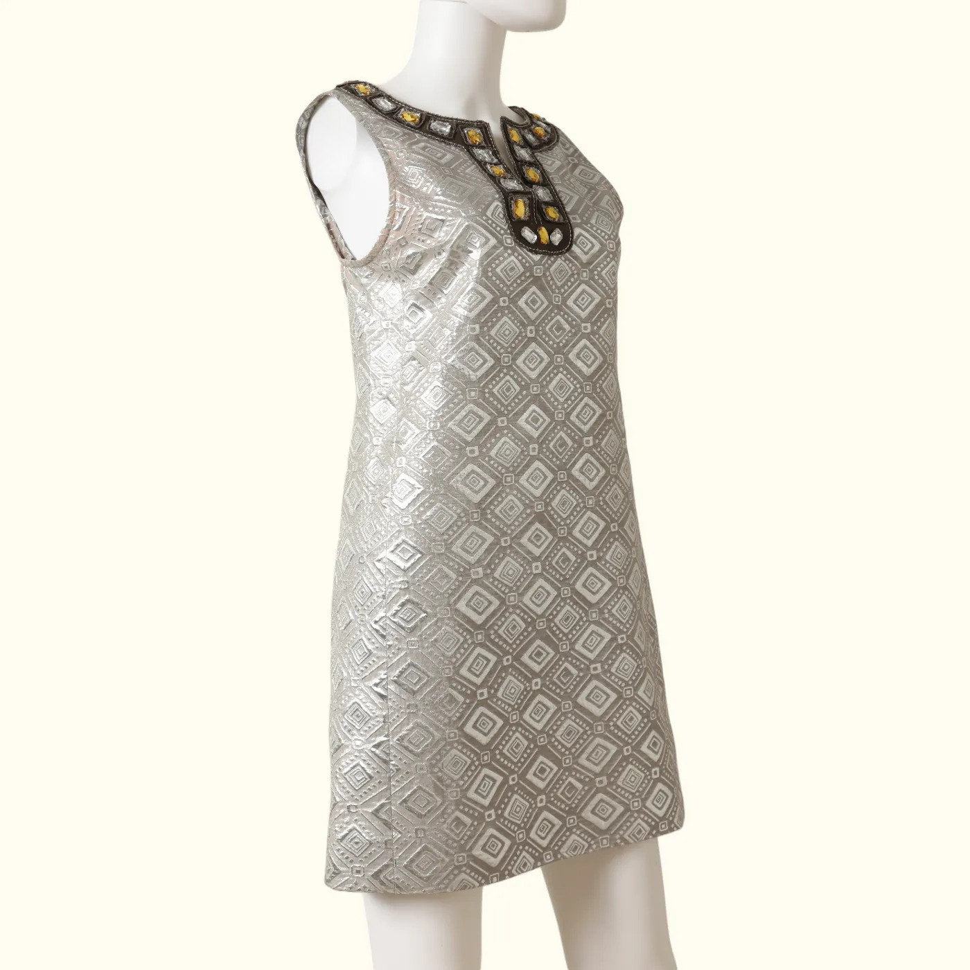 TORY BURCH Vintage Silver Metallic Brocade Embellished Shift Mini Dress