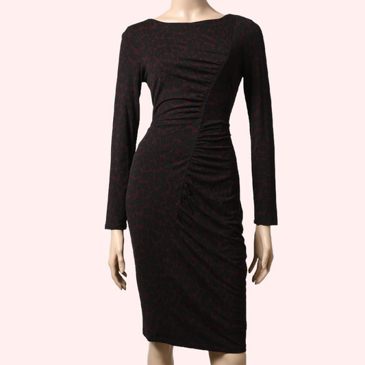 WHISTLES Black Red Cheetah Print Ruched Bodycon Dress