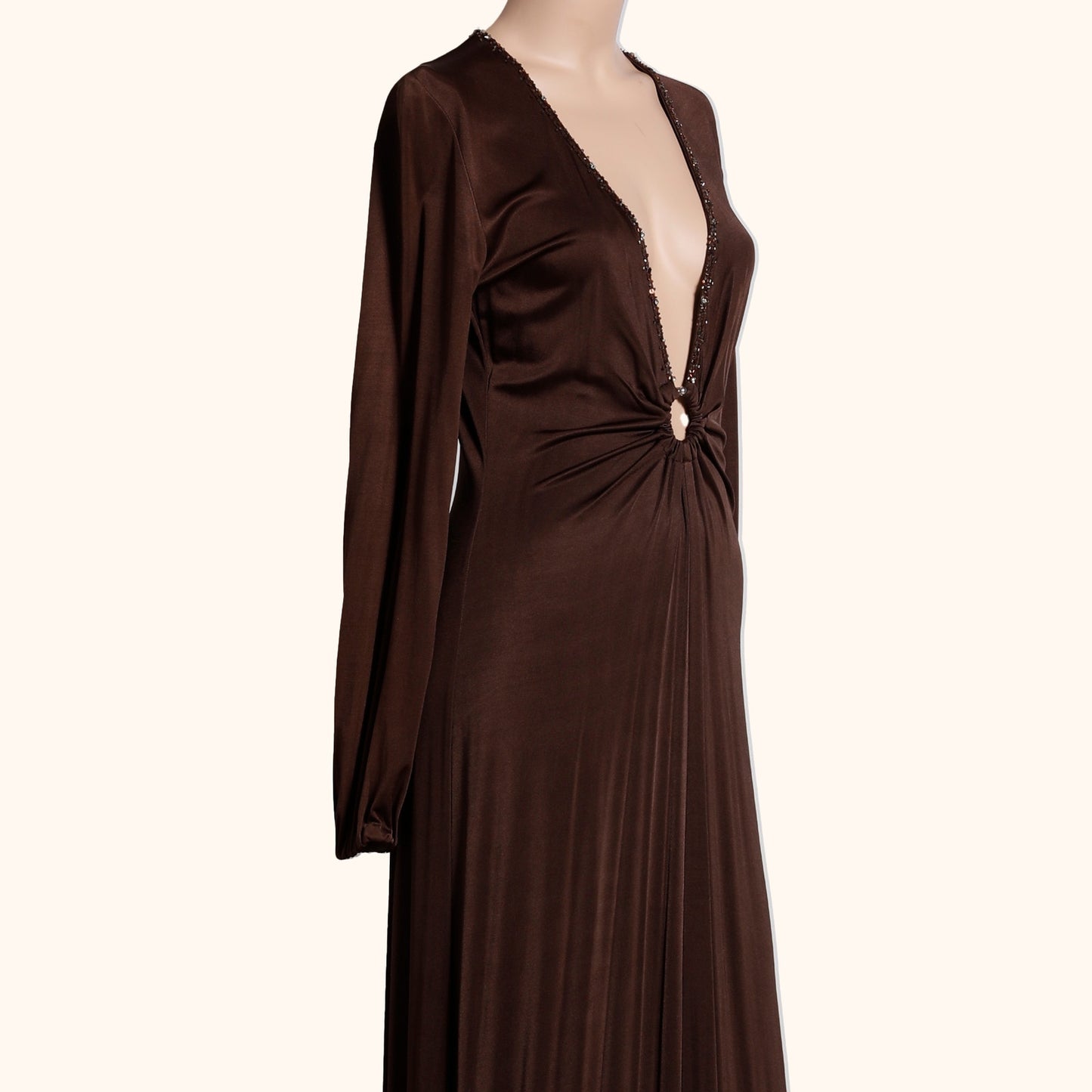 BCBGMAXAZRIA Brown Long Sleeve V Neck Maxi Dress Gown