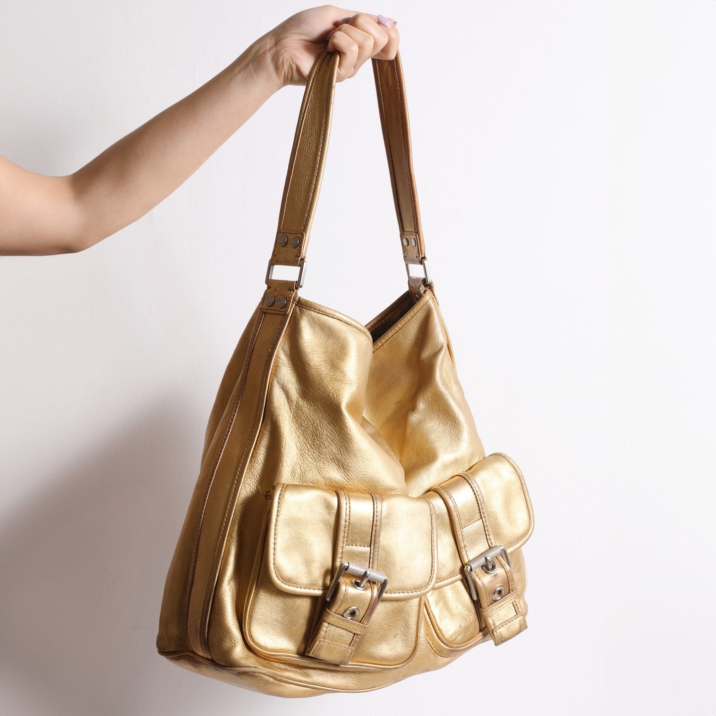 MICHAEL KORS Vintage Gold Metallic Leather Shoulder Tote Bag