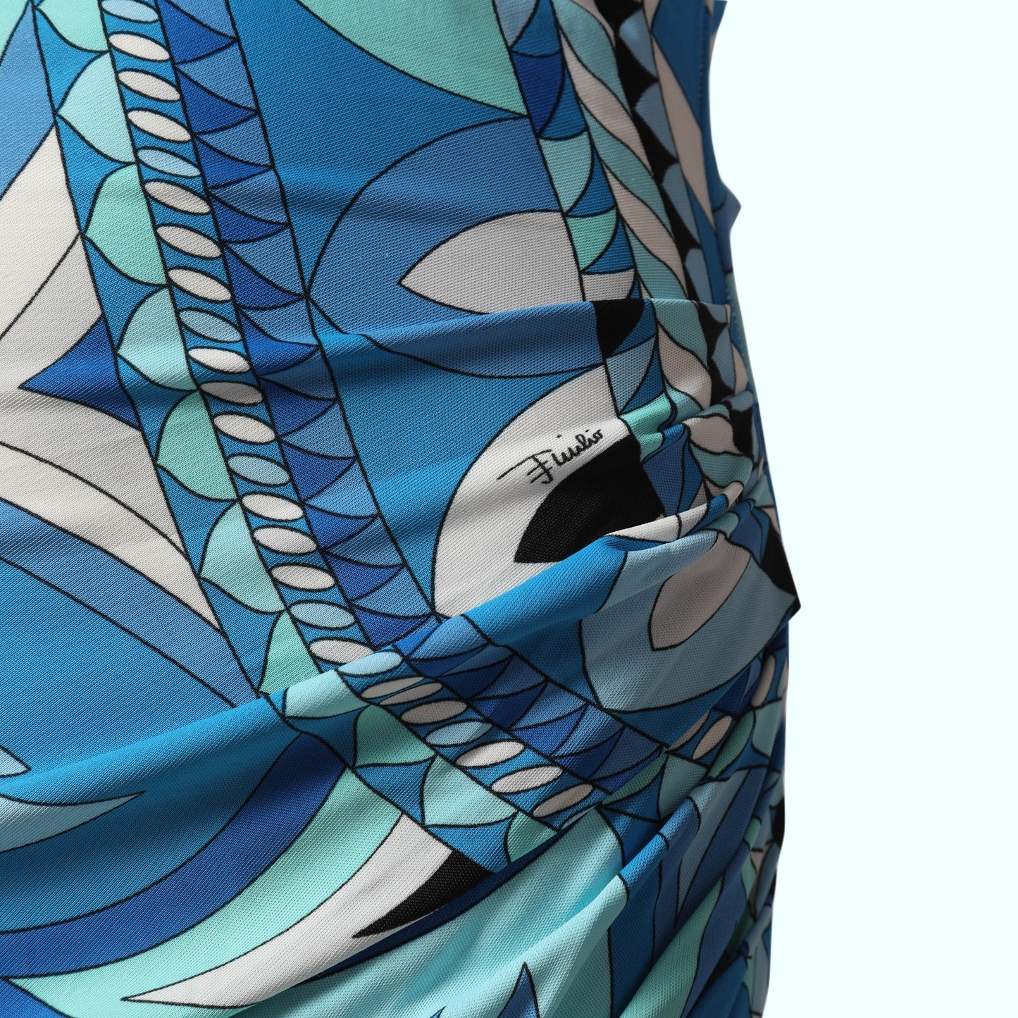 EMILIO PUCCI Blue, White, Turquoise Vintage One Shoulder Printed Dress