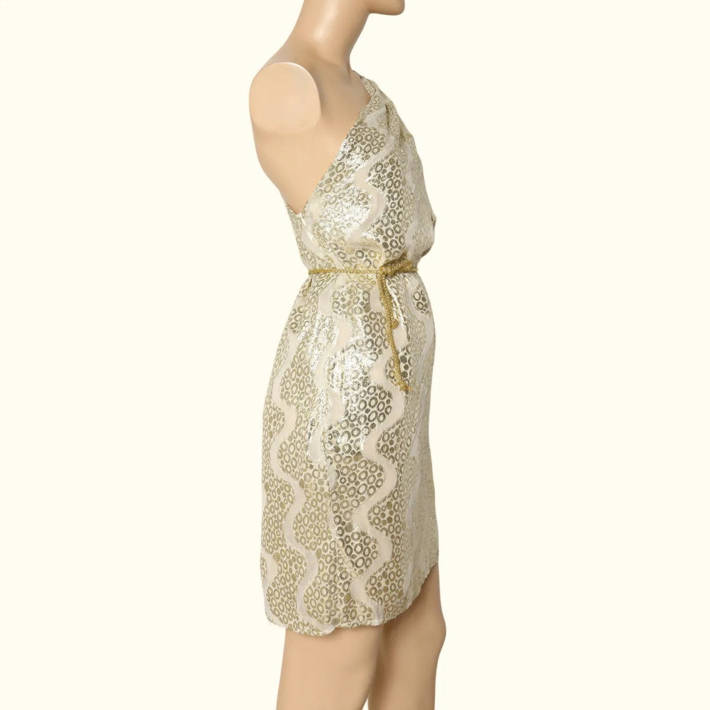 MELISSA ODABASH Gold Shimmer One Shoulder Belted Mini Dress