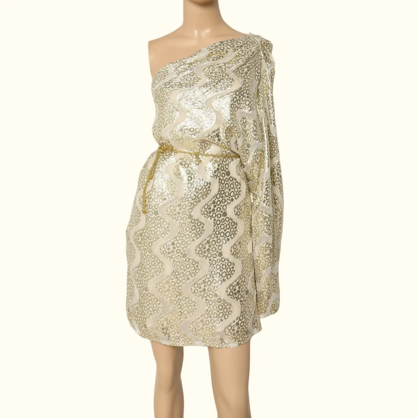 MELISSA ODABASH Gold Shimmer One Shoulder Belted Mini Dress