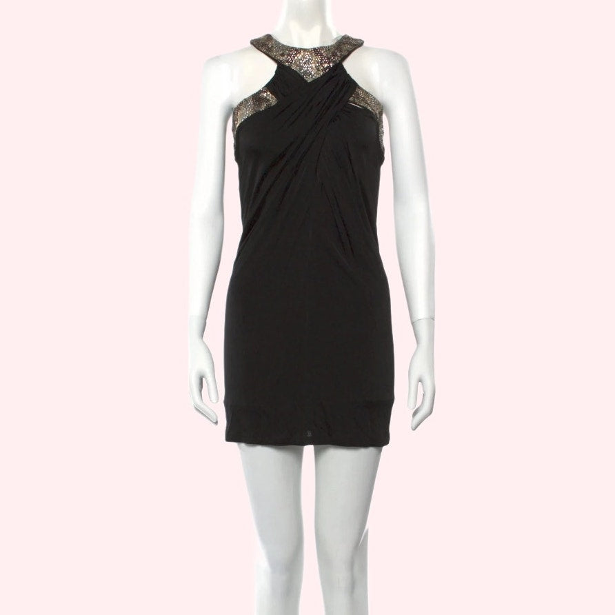 ROBERTO CAVALLI Black Halter Mini Dress With Embellished Neckline