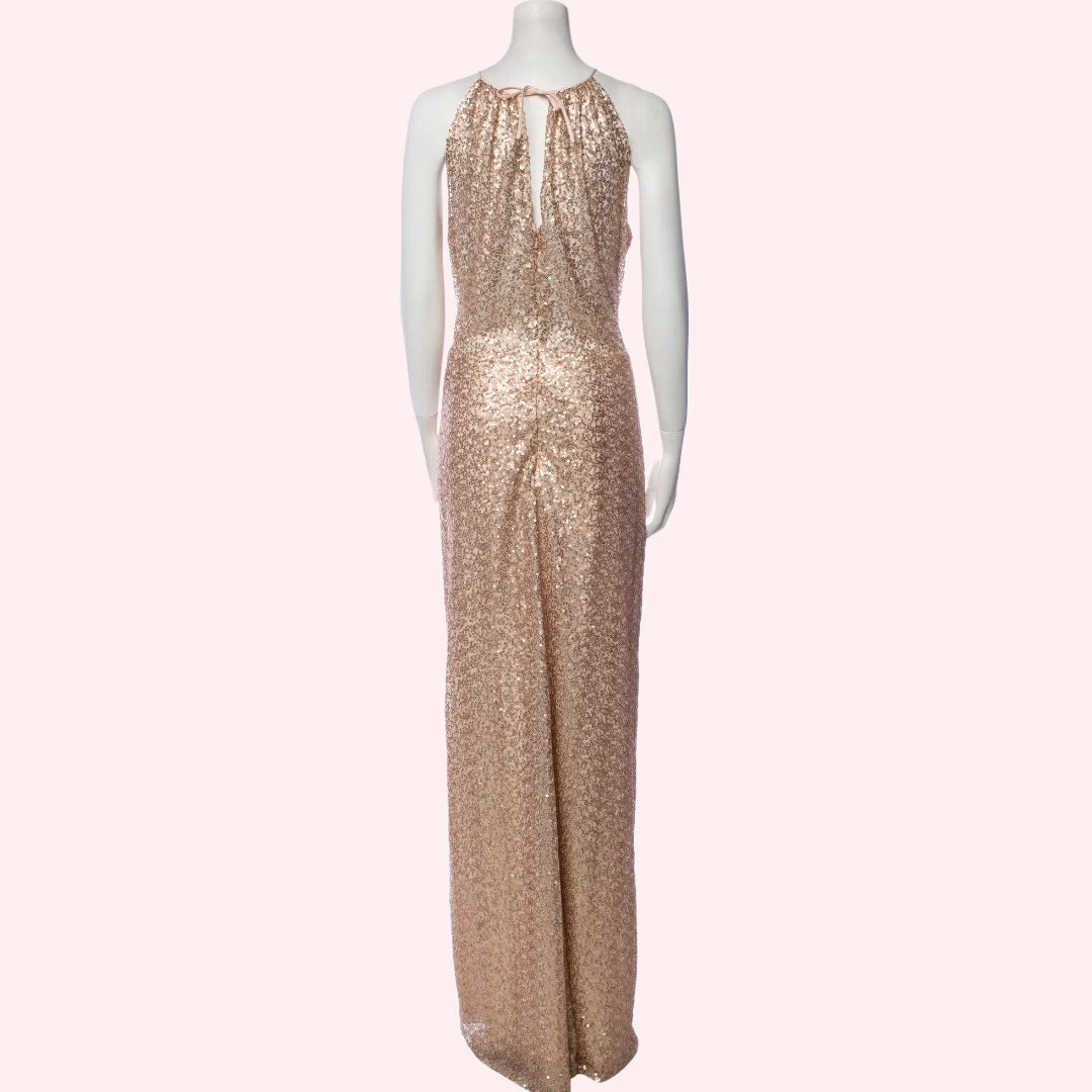 AMSALE Rose Gold Sequin Halterneck Maxi Evening Gown w/ Tags