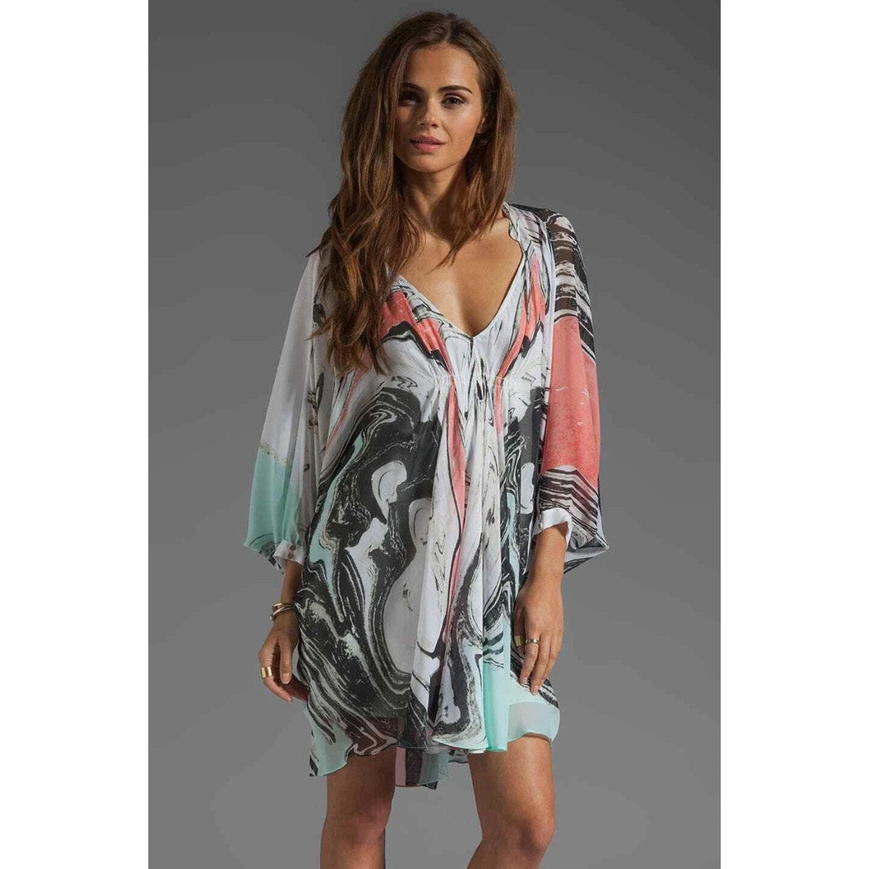 DIANE VON FURSTENBERG Abstract Print Silk Fleurette Caftan Mini Dress
