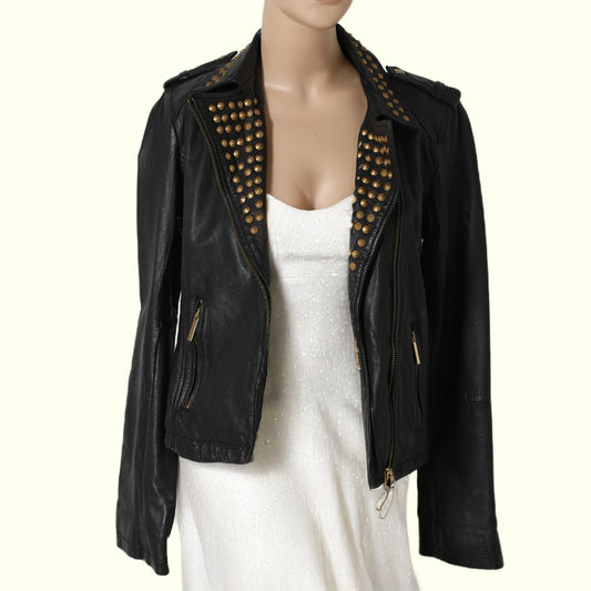 AQUA Leather Moto Jacket with Gold Studs