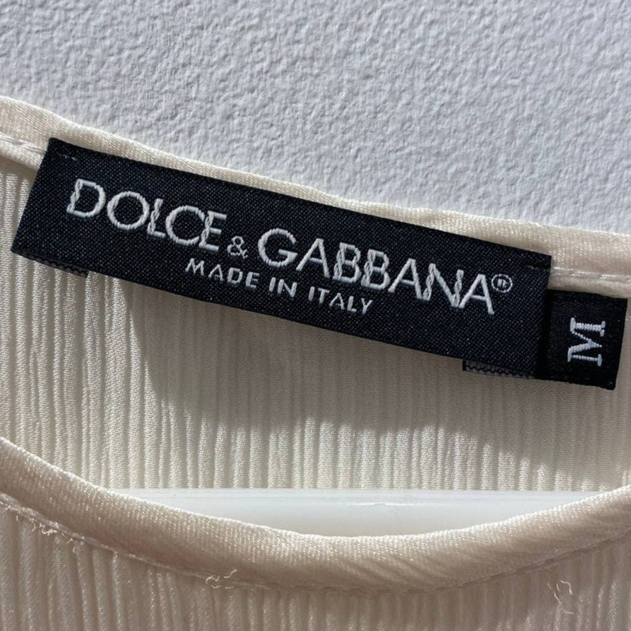DOLCE & GABBANA Cream Crinkled Silk Logo Oversized Top