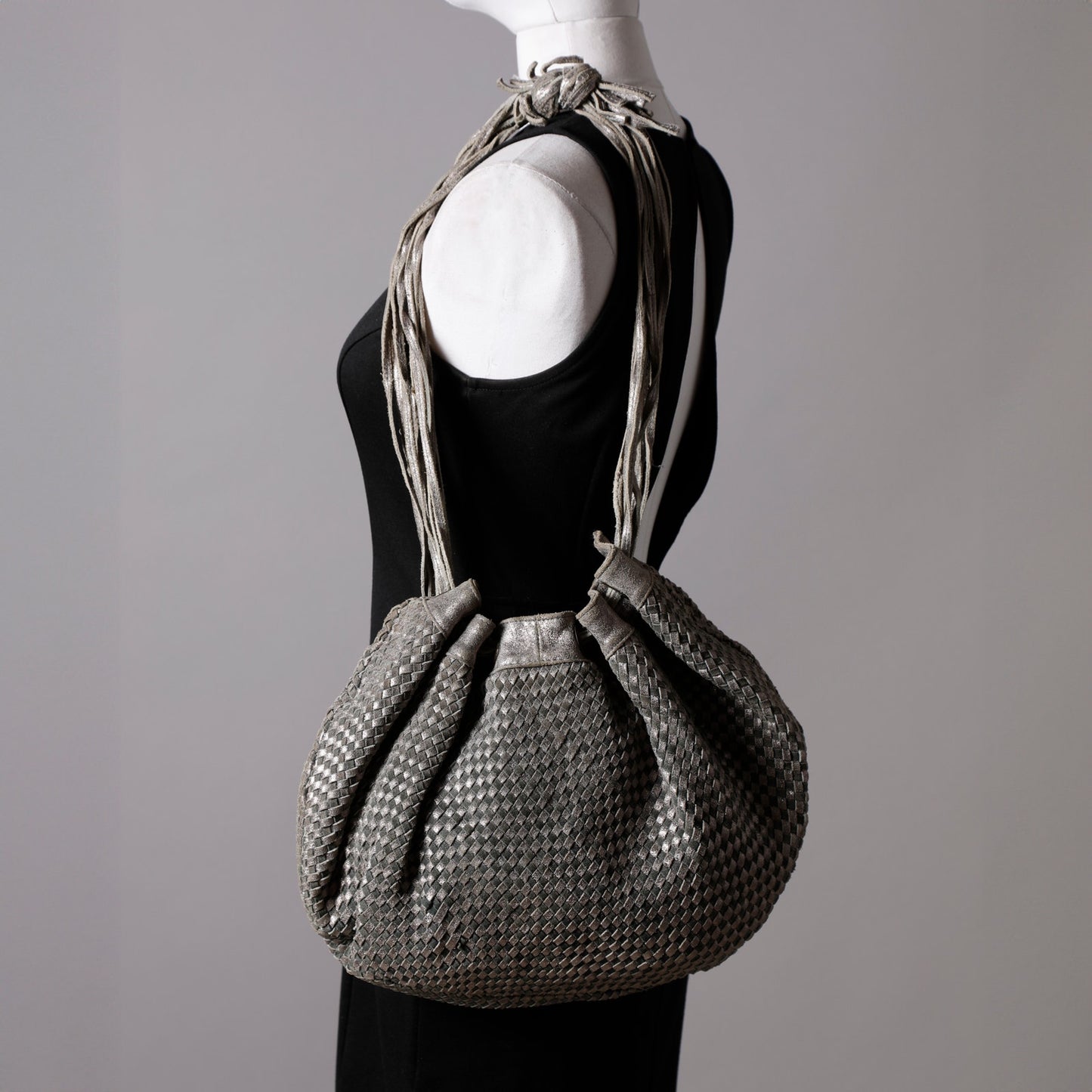 CARVELA Grey and Silver Vintage Metallic Woven Leather Shoulder Bag