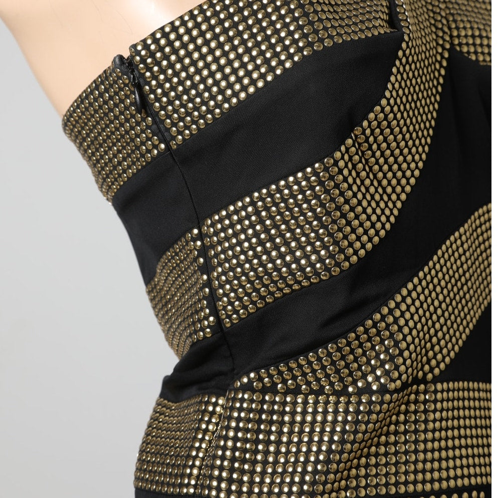 ROBERT RODRIGUEZ Black Gold Studded One-Shoulder Mini Dress
