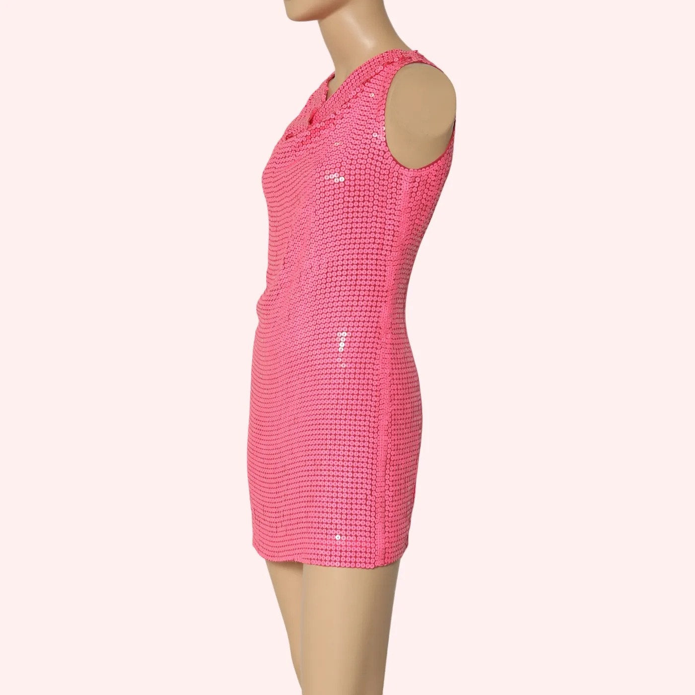 DIANE VON FURSTENBERG Pink Sequin Silk Cowl Neck Mini Dress
