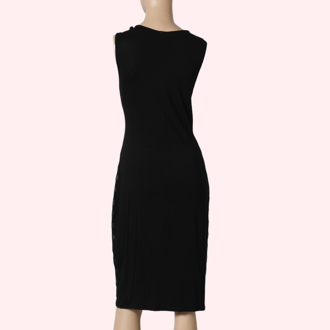 VINCE CAMUTO Black Sleeveless Midi Dress with Faux Leather Stripes