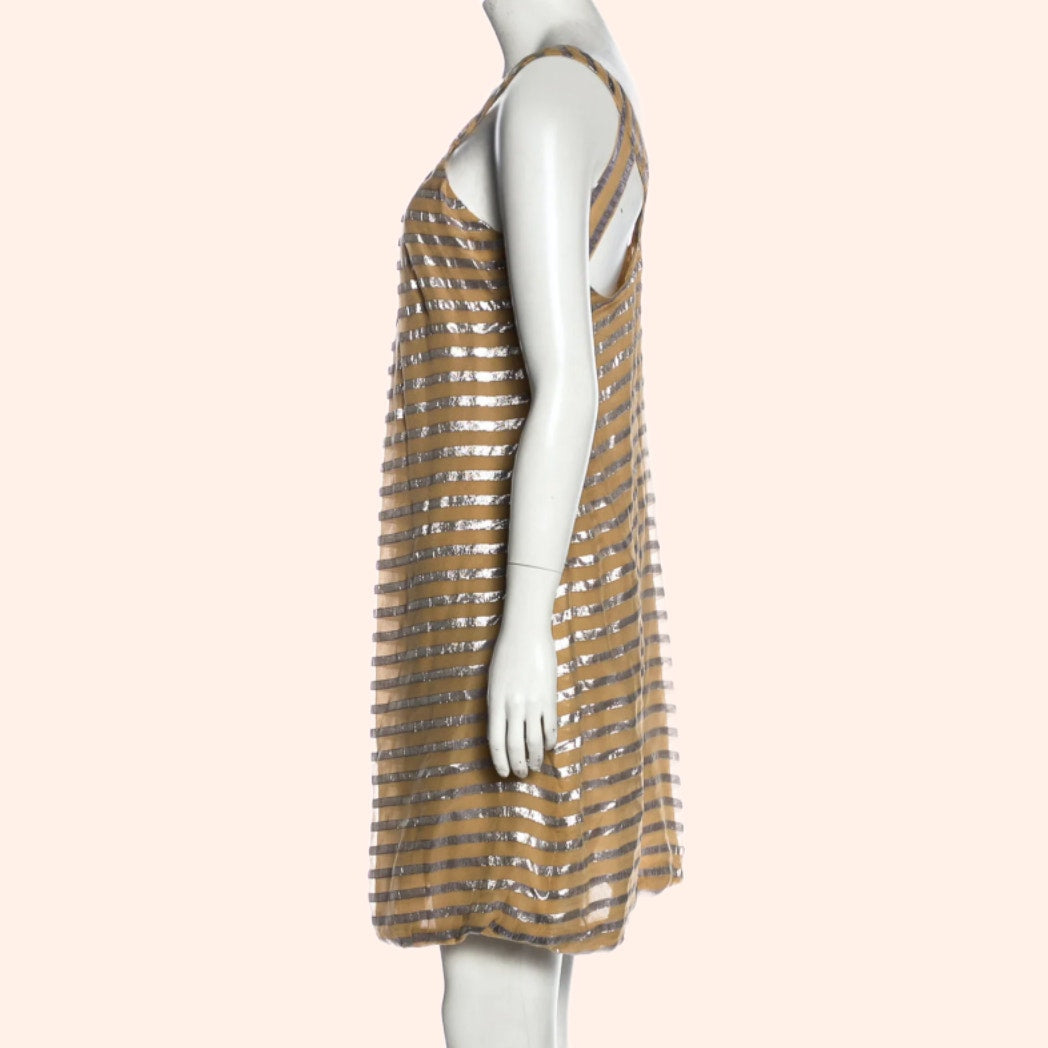 YIGAL AZROUËL Beige and Metallic Silver Striped Sleeveless Silk Dress