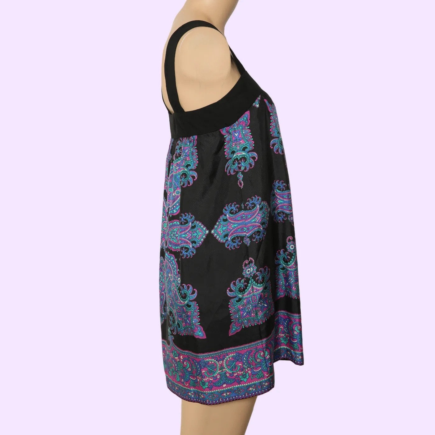 TIBI Black Blue Purple Paisley Silk Sleeveless Shift Mini Dress