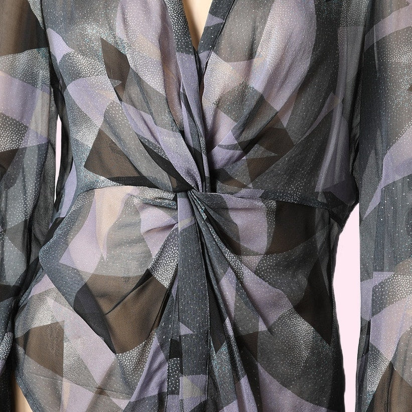 DIANE VON FURSTENBERG Vintage Y2K Purple and Gray Silk Sheer Twist Front Top