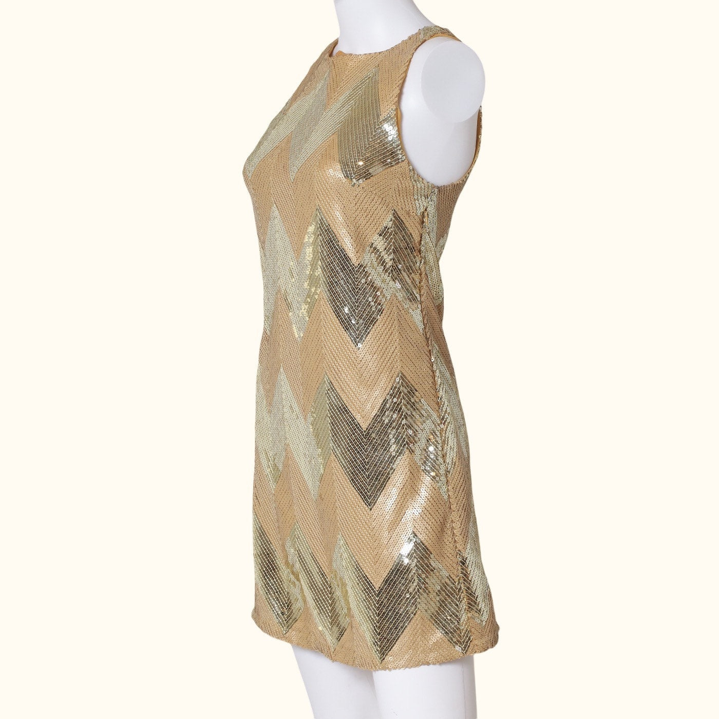 REBECCA MINKOFF Gold Chevron Sequin Sleeveless Shift Mini Dress
