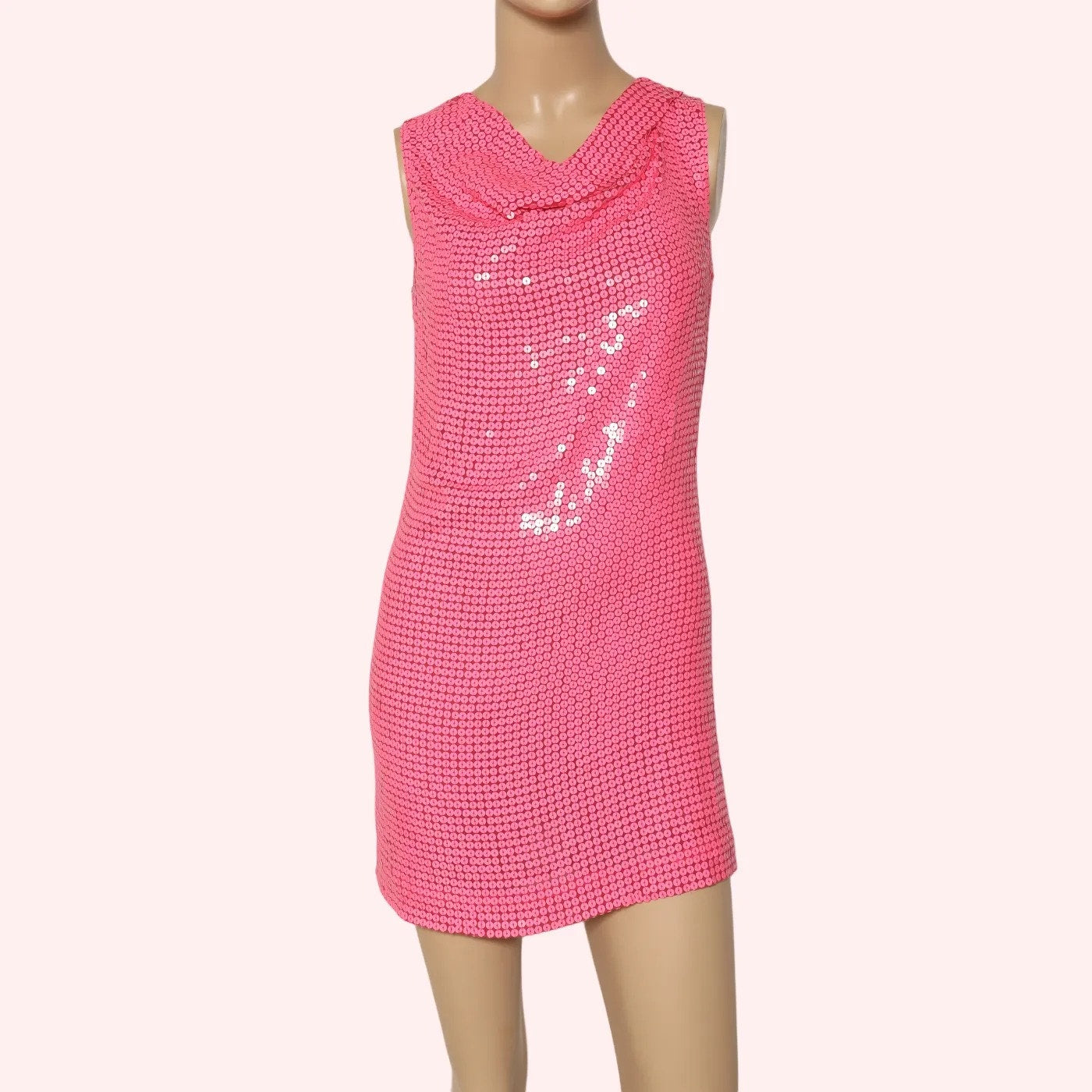 DIANE VON FURSTENBERG Pink Sequin Silk Cowl Neck Mini Dress