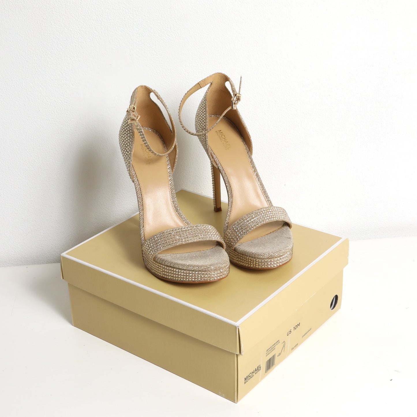 MICHAEL KORS Jordyn Gold Crystal Embellished Platform High Heel Sandal