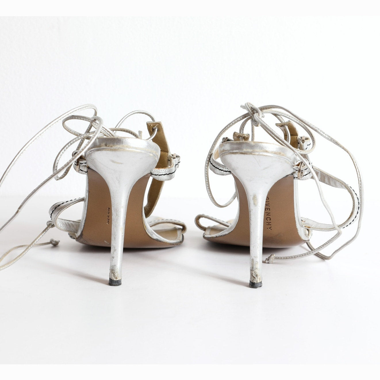 GIVENCHY Vintage Silver Lace-Up Strappy Leather Sandal Heels
