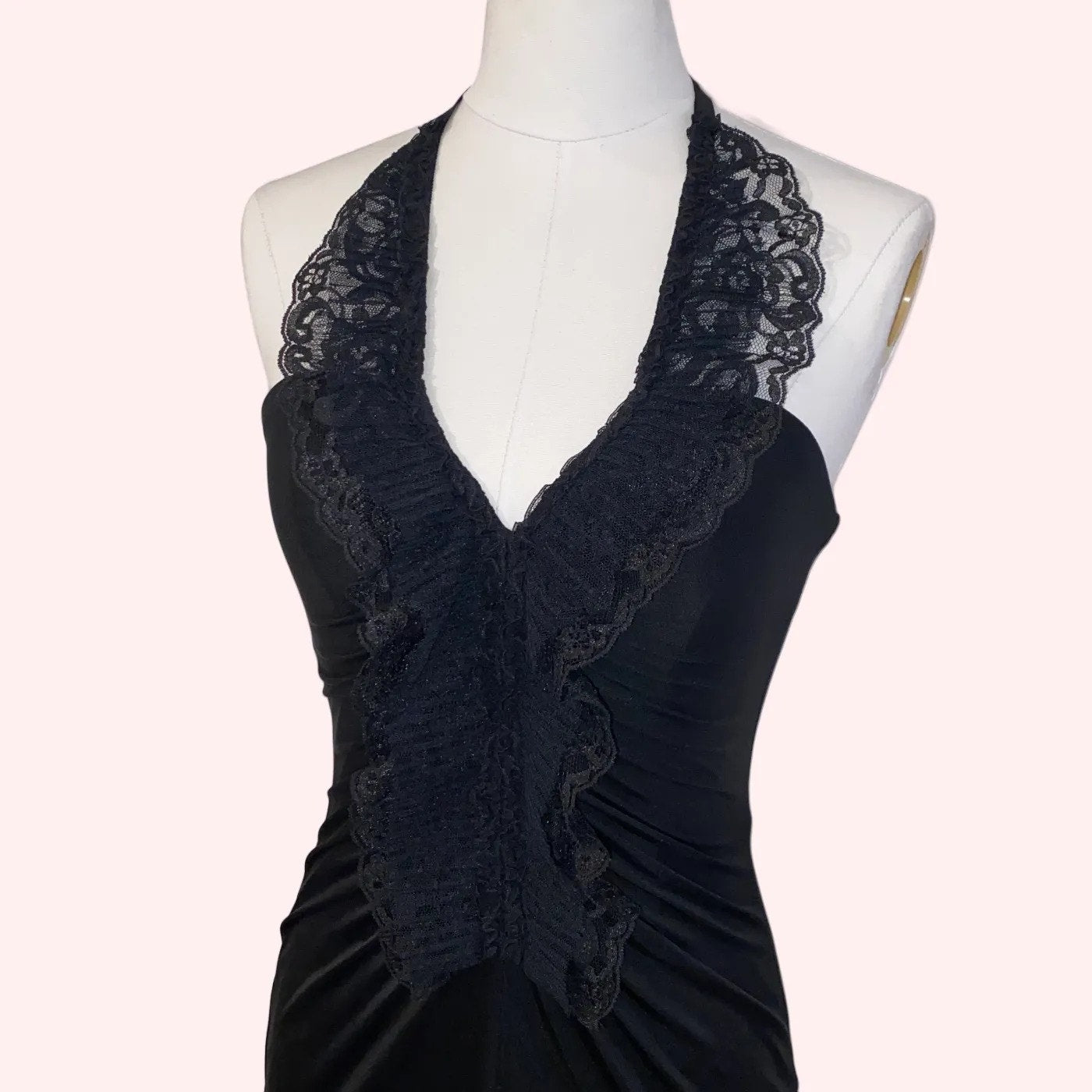 BCBGMAXAZRIA Vintage Black Halter Top Cocktail Dress with Lace Ruffles